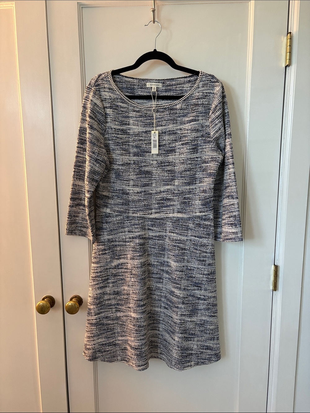 Max Studio Navy and White Textured Knit Shift Dress